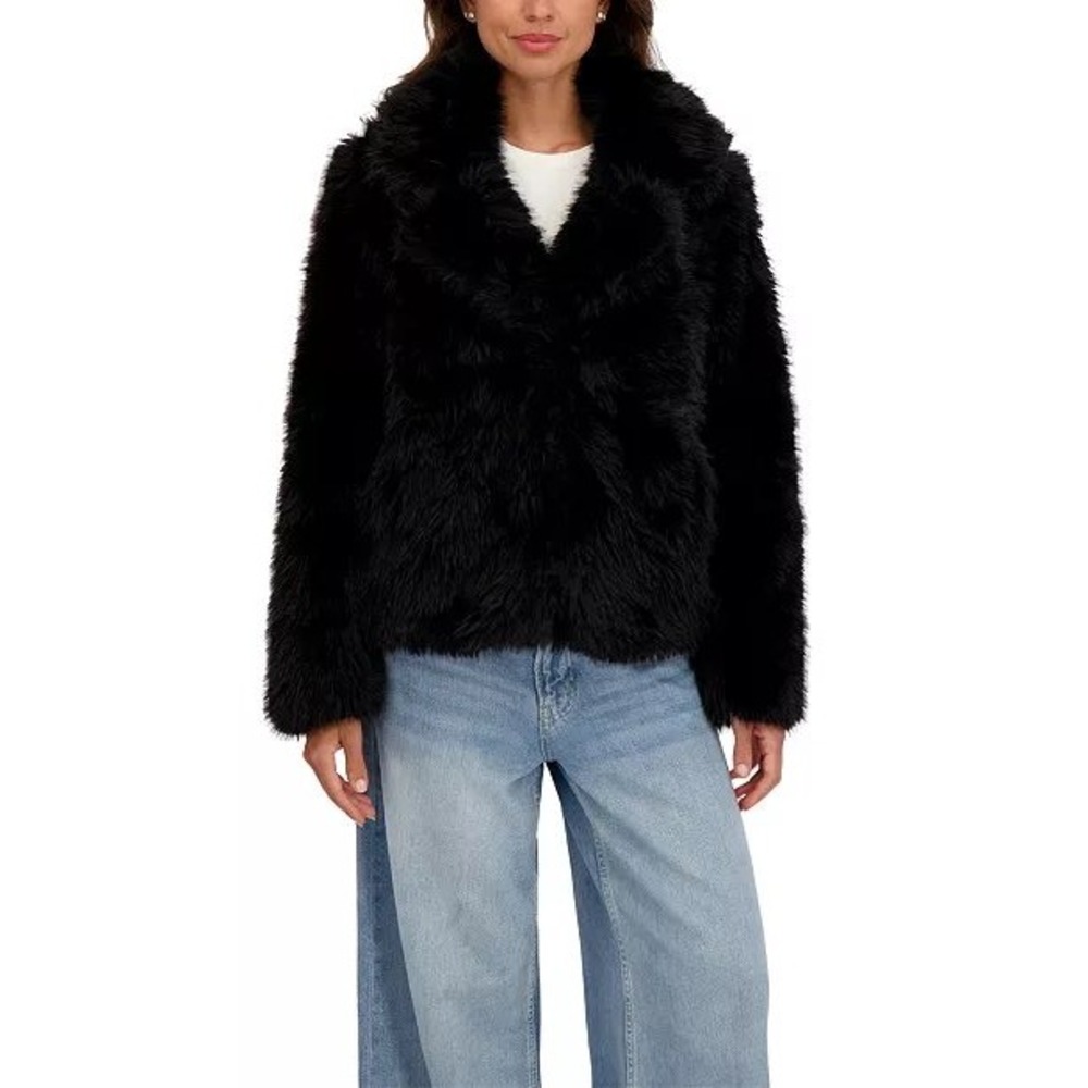 Sebby Collection Womens Reversible Shaggy Faux Fur Jacket Black Notched Collar L